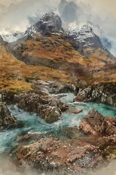 Digitális Akvarell Festmény Gyönyörű Téli Táj Kép Folyó Etive Előtérben — Stock Fotó