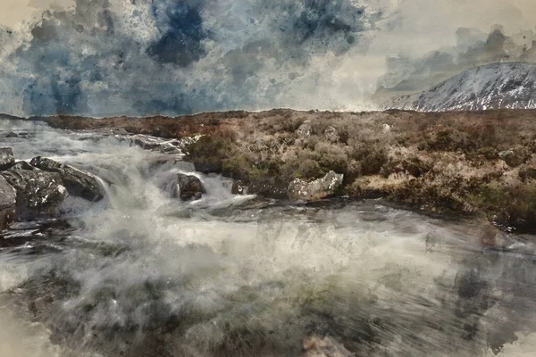 Digital Watercolour Painting Beautiful Winter Landscape Image River Coe Foreground — ストック写真