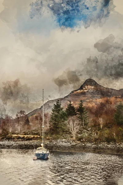 Pittura Digitale Acquerello Bella Vista Paesaggio Invernale Lungo Loch Leven — Foto Stock