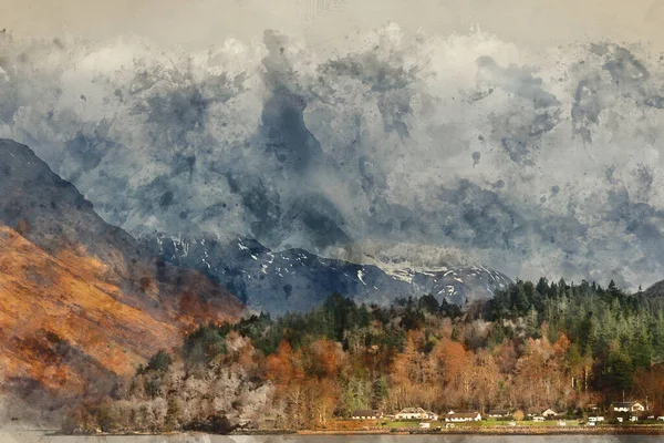 Digital Watercolour Painting Beautiful Winter Landscape View Loch Leven Snowcapped — ストック写真