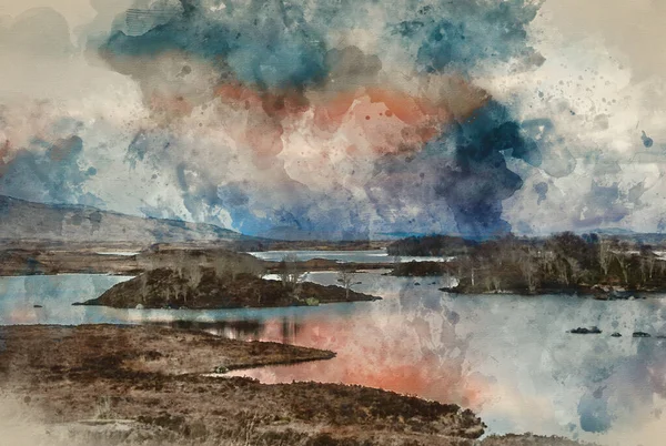 Digitální Akvarel Krajiny Loch Skotské Vysočině Zimě Při Západu Slunce — Stock fotografie