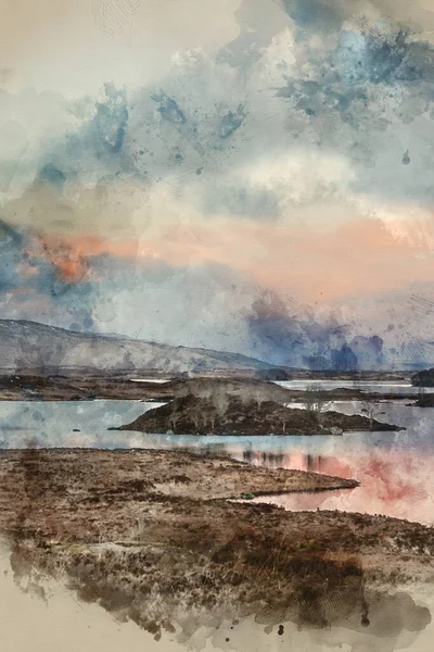 Kışın Gün Batımında Skoçya Daki Gölü Manzarasının Dijital Suluboya Resmi — Stok fotoğraf