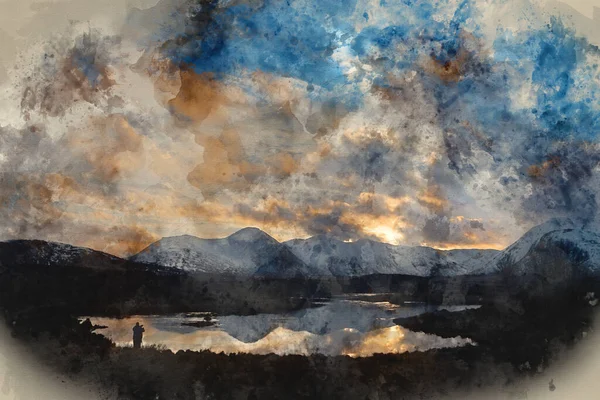 苏格兰高地Loch Ba地区冬季壮丽落日景观图像的数字水彩画向远处覆盖着积雪的山脉 — 图库照片
