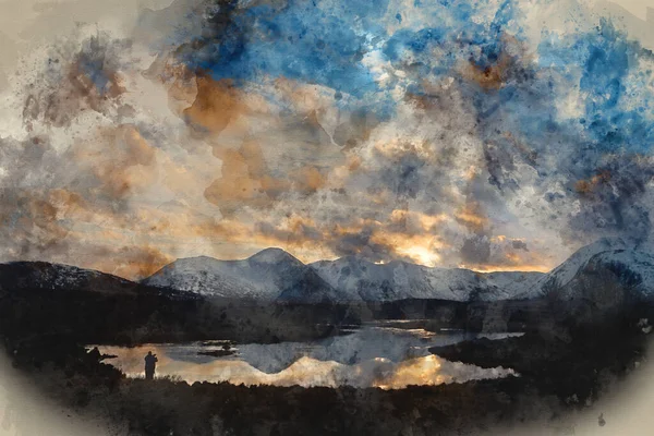 Aquarelle Numérique Magnifique Image Paysage Coucher Soleil Hiver Travers Loch — Photo