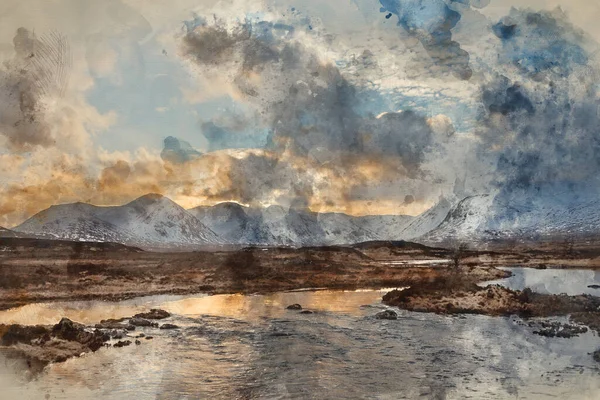 Cyfrowe Malarstwo Akwarelowe Oszałamiająca Zimowa Panorama Krajobraz Górski Widok Loch — Zdjęcie stockowe