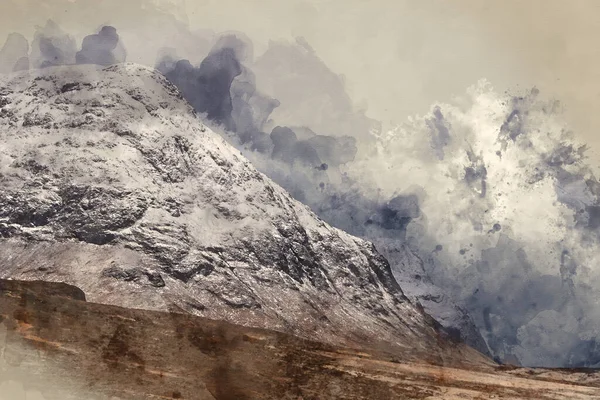 Digitale Aquarellmalerei Der Schneebedeckten Berglandschaft Den Schottischen Highlands Winter — Stockfoto