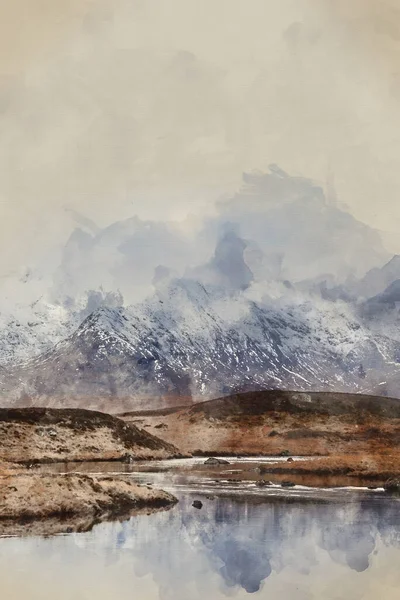 Pintura Aquarela Digital Majestic Panorama Inverno Imagem Paisagem Montanha Picos — Fotografia de Stock