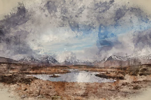 Digital Watercolour Painting Stunning Winter Panorama Landscape Image Mountain Range — ストック写真
