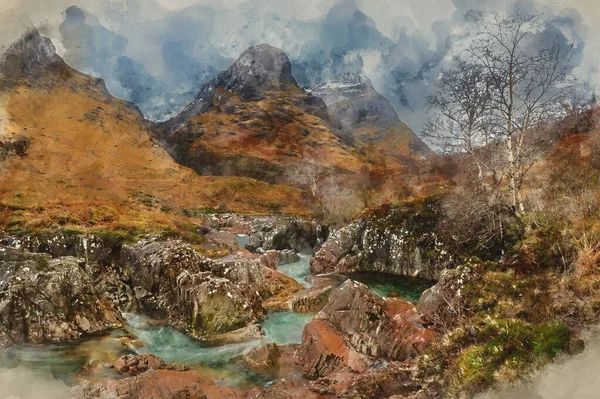 Pintura Digital Acuarela Del Río Coe Paisaje Escocés Las Tierras — Foto de Stock