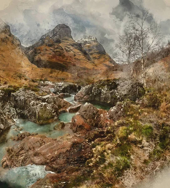 Digital Watercolour Painting River Coe Scottish Highlands Landscape Three Sisters — ストック写真