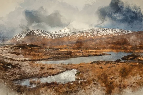 Aquarelle Numérique Superbe Paysage Hivernal Image Chaîne Montagnes Vue Loch — Photo