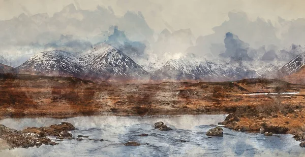 苏格兰高地Loch Ba山区冬季全景全景图像的数字水彩画 — 图库照片