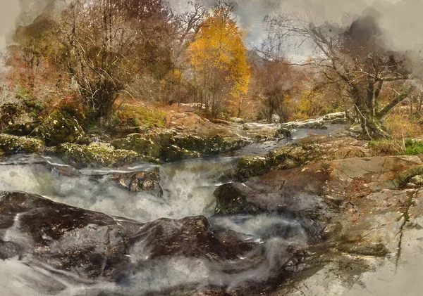 Digital Watercolour Painting Epic Landscape Image Aira Force Upper Falls — стоковое фото