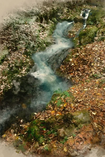 Digital Watercolour Painting Beautiful Waterfall Landscape Image Vibrant Autumn Woodland — Zdjęcie stockowe