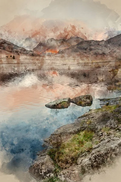 Digital Watercolour Painting Epic Landscape Sunrise Light Blea Tarn Lake — Foto de Stock