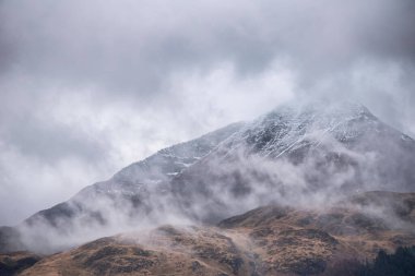 Güzel sisli kış manzarası İskoçya 'da Ben Lomond yamaçlarında ağaçların arasında sürükleniyor.