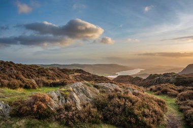 Holme Fell 'den göldeki Coniston suyuna bakan destansı sonbahar günbatımı manzarası