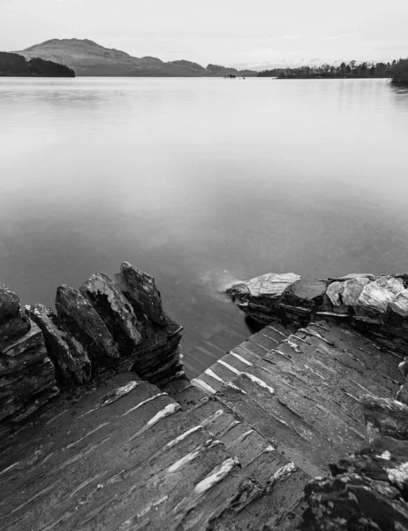 Black White Stunning Landscape Image Loch Lomond Snowcapped Mountain Range — Stock Photo, Image