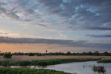 Somerset Düzey sulak alanlarının güzel günbatımı görüntüsü bahar boyunca İngiltere 'de