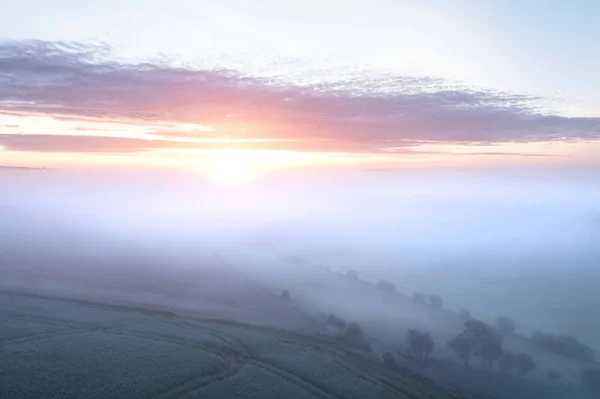 Gyönyörű Drón Táj Kép Tenger Köd Gördülő South Downs Angol — Stock Fotó