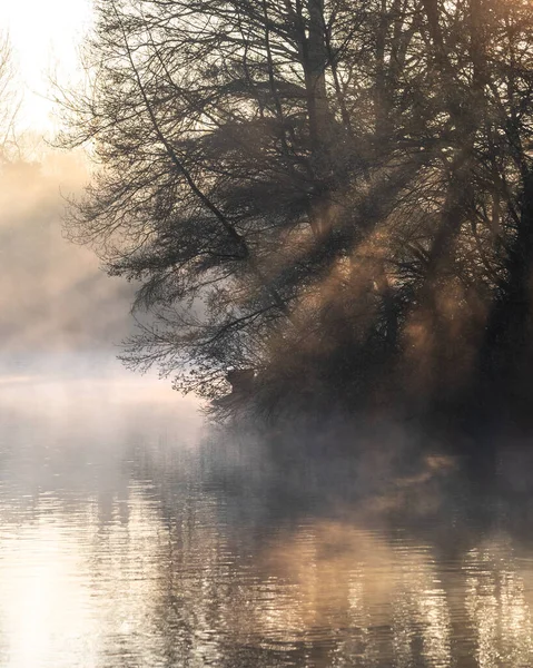都市湖の日の出霧の見事な風景のイメージは 太陽の光が水面を照らしてストリーミングビーム — ストック写真