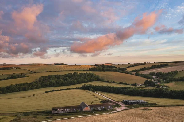 Beautiful Aerial Drone Landscape Image South Downs Sunrise Summer — Stock Photo, Image