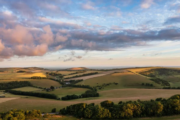 Hermosa Imagen Paisaje Drones Aéreos South Downs Amanecer Verano —  Fotos de Stock