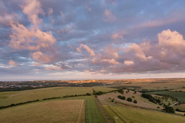 Beautiful Aerial Drone Landscape Image South Downs Sunrise Summer — Stock Photo, Image