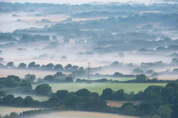 Stunning Landscape Image Layers Mist Rolling South Downs National Park — Stock Photo, Image