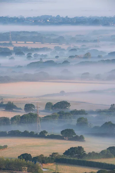 Stunning Landscape Image Layers Mist Rolling South Downs National Park — Foto de Stock