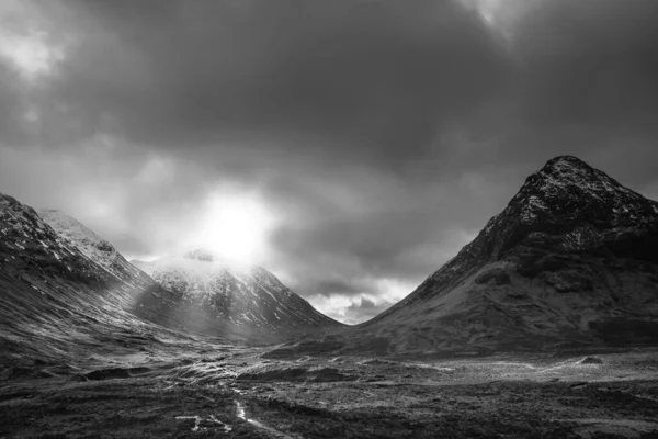 Black White Epic Winter Landscape Image Etive Mor Scottish Highlands — Stockfoto