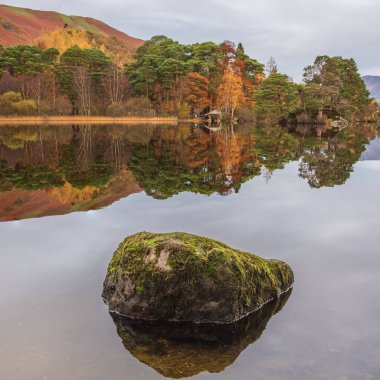 Göz kamaştırıcı sonbahar gündoğumu görüntüsü Lake District 'teki Manesty Park' tan Catbells 'a doğru geliyor.