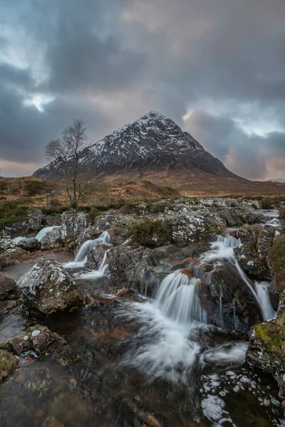 Impressionante Majestoso Inverno Pôr Sol Paisagem Stob Dearg Buachaille Etive — Fotografia de Stock