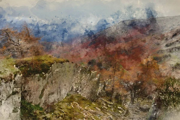 Digital Watercolour Painting Epic Autumn Landscape Image View Castle Crag — Stock Photo, Image