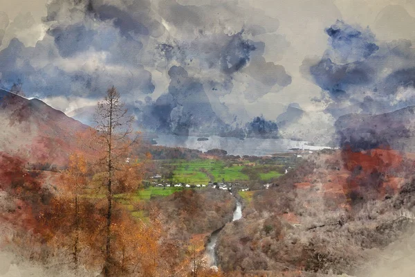 Digital Watercolour Painting Beautiful Landscape Image View Castle Crag Derwentwater — Photo