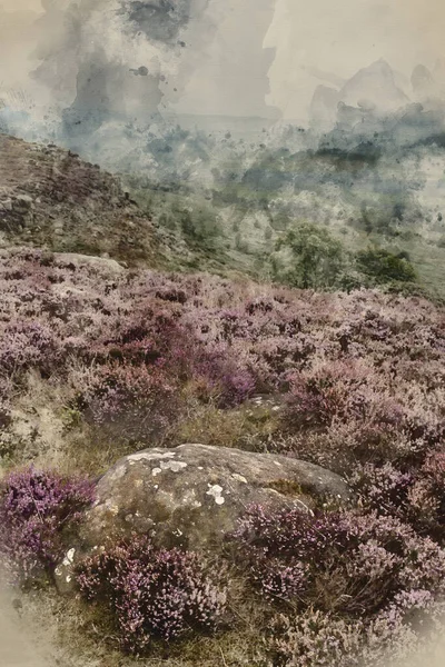Digital Watercolour Painting Stunning English Peak District Landscape Curbar Edge — Stock fotografie