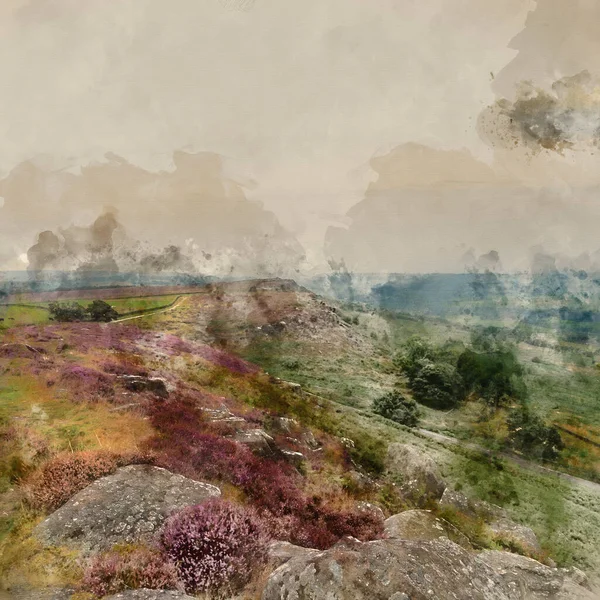 Digital Watercolour Painting Stunning Landscape Image Late Summer Vibrant Heather — Stock Photo, Image