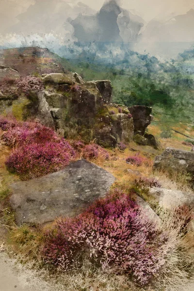 Digital Watercolour Painting Stunning Landscape Image Late Summer Vibrant Heather — Stock Photo, Image