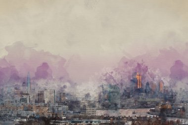 Digital watercolour painting of LONDON, JANUARY 30, 2022 - Stunning sunrise view of City Square Mile in London at sunrise with beautful soft light and all landmark building visible