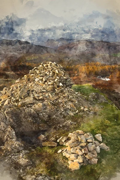 Digital watercolour painting of Epic landscape image of stunning Autumn sunset light across Langdale Pikes looking from Holme Fell in Lake District