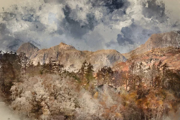 Digital watercolour painting of Epic landscape image of stunning Autumn sunset light across Langdale Pikes looking from Holme Fell in Lake District