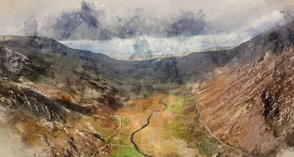 Digital Watercolour Painting Aerial View Flying Drone Stunning Epic Landscape — Zdjęcie stockowe