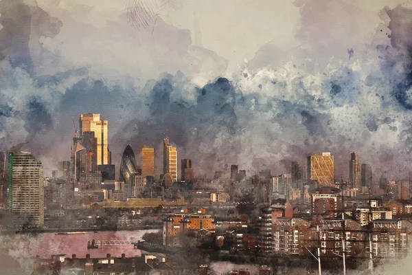Digital Watercolour Painting London January 2022 Stunning Sunrise View City — Zdjęcie stockowe