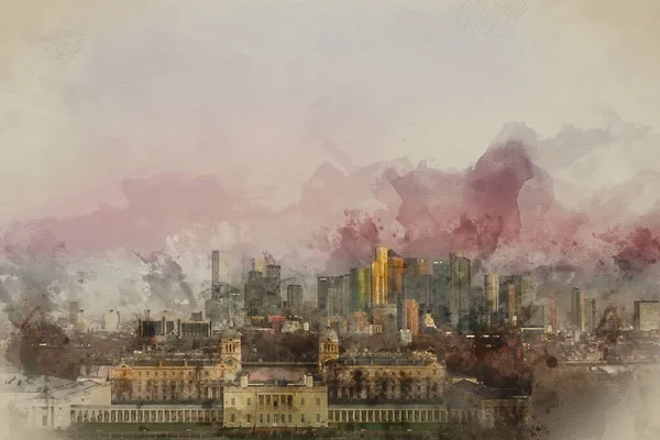 Digital Watercolour Painting London January 2022 Stunning Sunrise View Canary — Stock Photo, Image
