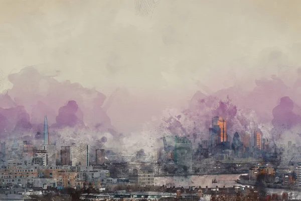 Digital Watercolour Painting London January 2022 Stunning Sunrise View City — стоковое фото