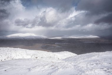 Kar fırtınası sırasında İskoçya 'nın dağlarının tepesinden Rannoch Moor' a kadar uzanan güzel kış manzarası ve yüksek rüzgarlarla dağların tepesinden kayma.