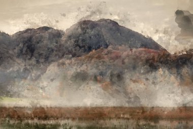 Sersemletici sonbahar manzarasının dijital suluboya resmi. Gündoğumu görüntüsü. Derwentwater 'dan Borrowdale Vadisi' ne doğru bakıyor.