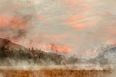 Derwentwater yüzeyi boyunca ilerleyen mit ile, Distict Gölü 'ndeki Manesty Park' tan güneşli Skiddaw Sıradağları 'na doğru bakan destansı sonbahar gündoğumu manzarasının dijital suluboya resmi.