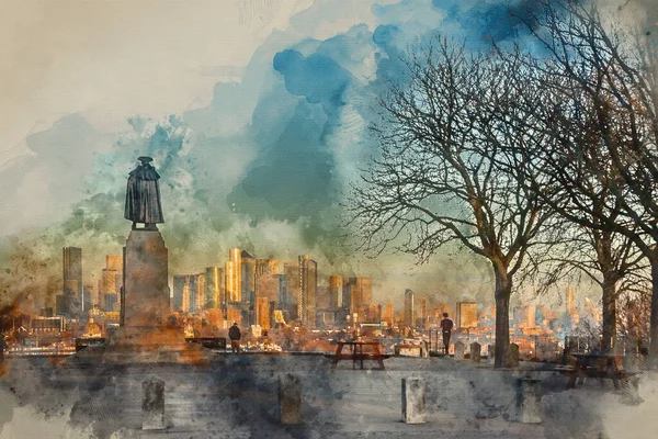 Digital Watercolour Painting London January 2022 Stunning Sunrise View Canary — Zdjęcie stockowe