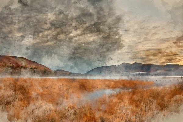 德文特湖威严公园至阳光照射的Skiddaw山脉的秋季日出景观图像的数字水彩画 可在德文特水面上滚动 — 图库照片